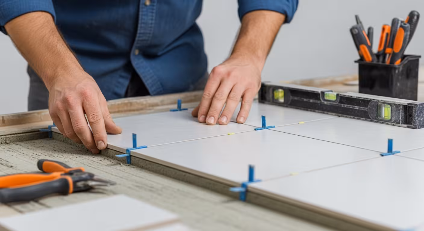 Tile installation in progress by a South Denver Tile Experts craftsman.