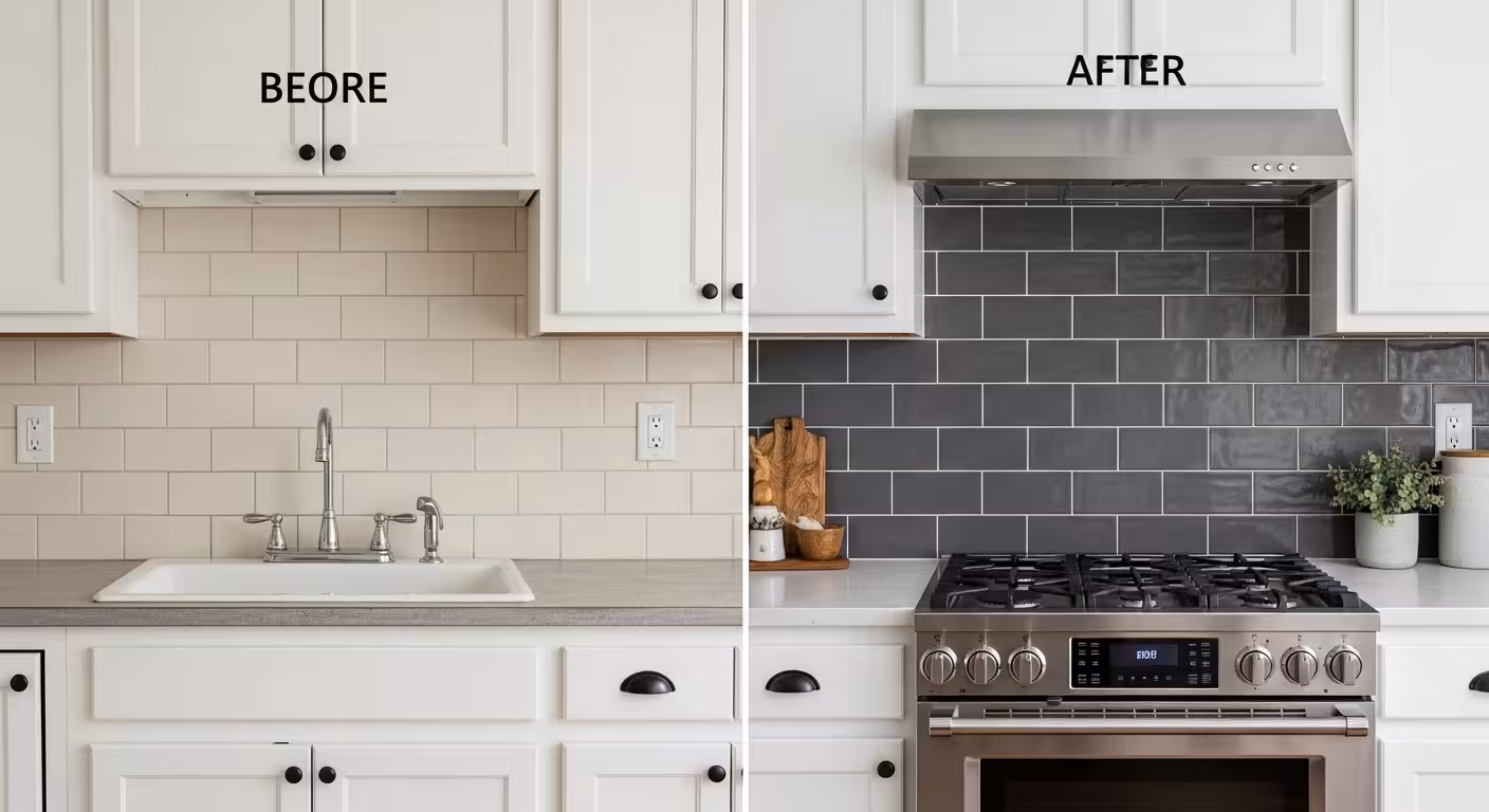 Before and after kitchen backsplash tile installation by South Denver Tile Experts.