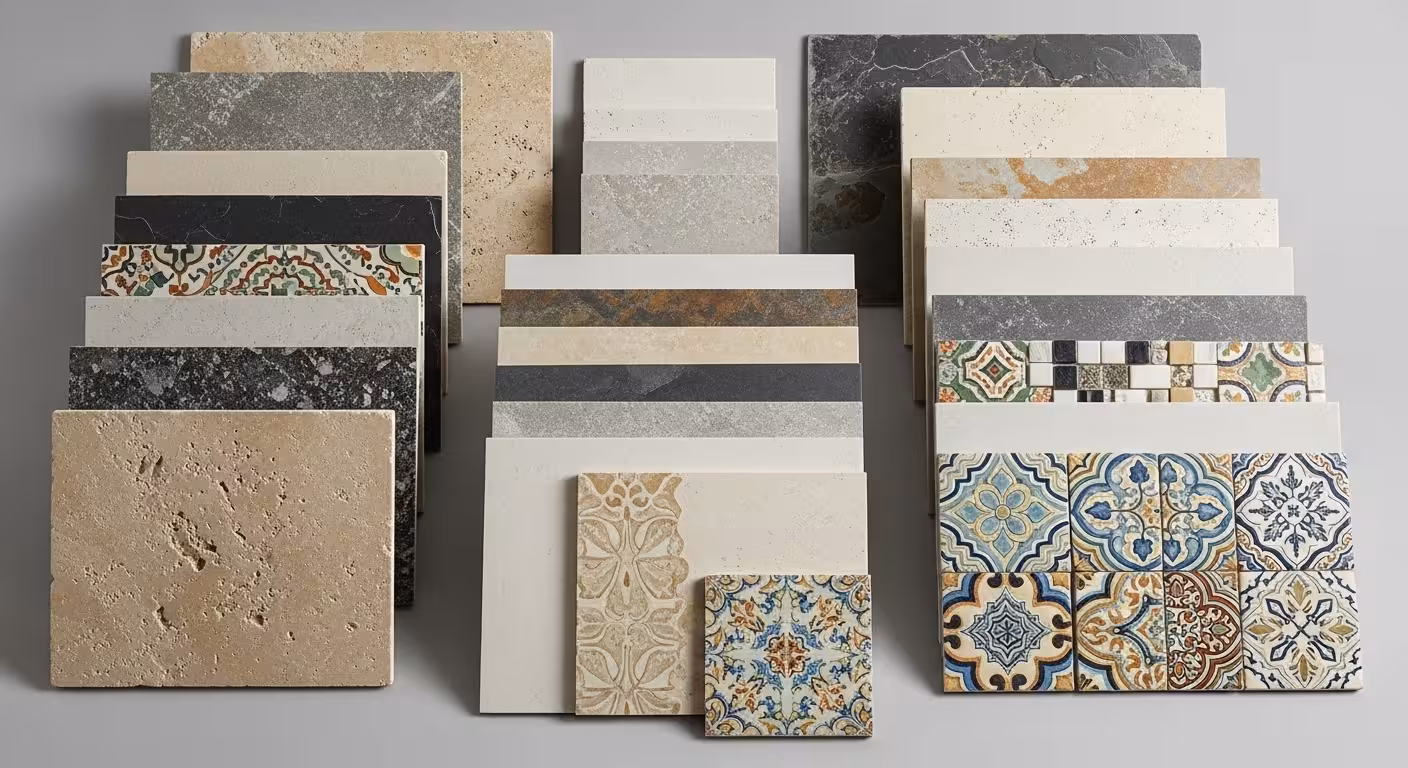 Variety of tile materials including ceramic, porcelain, and natural stone.
