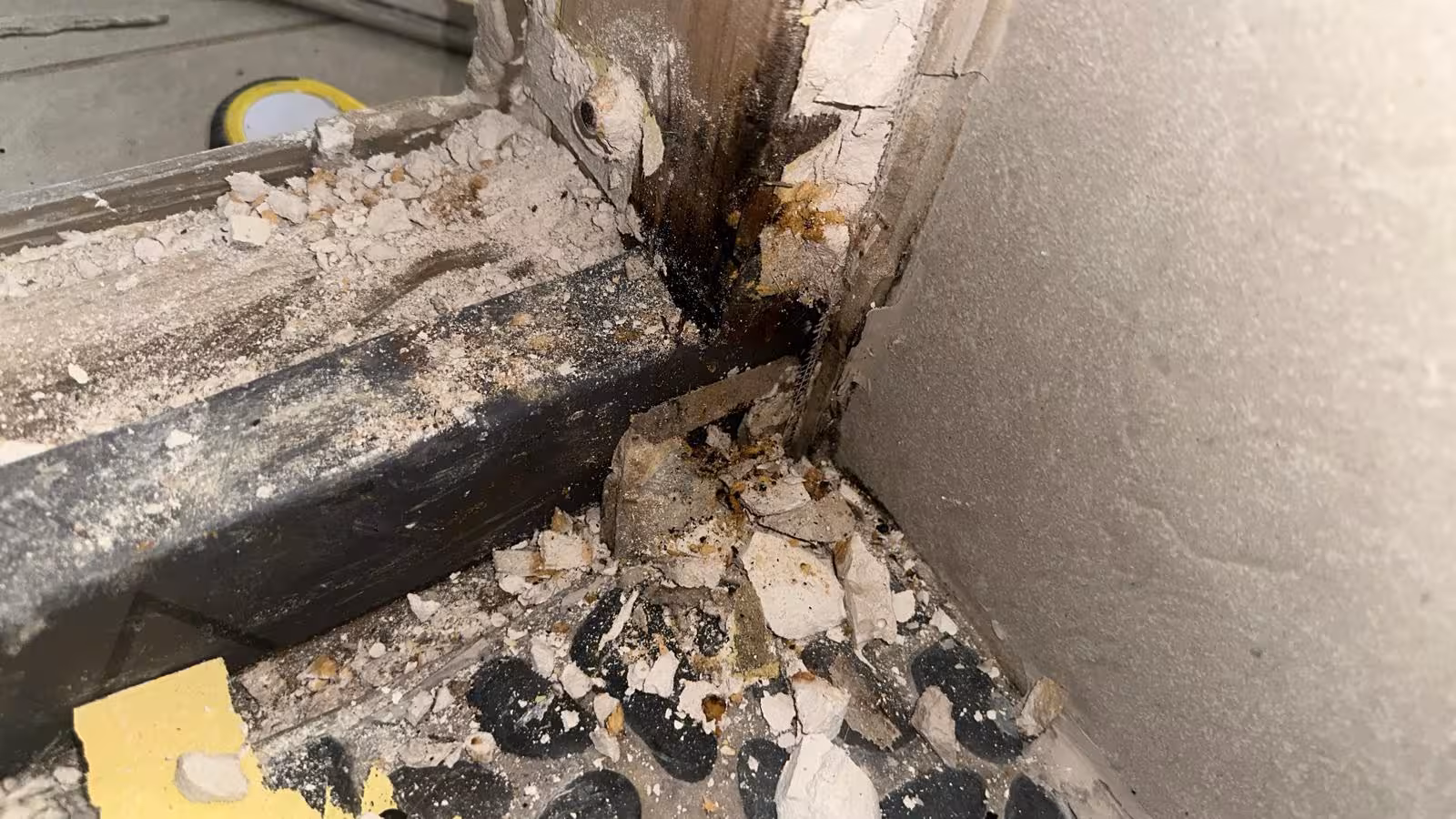 Water damage at shower threshold and lower framing during DTC shower pan leak repair