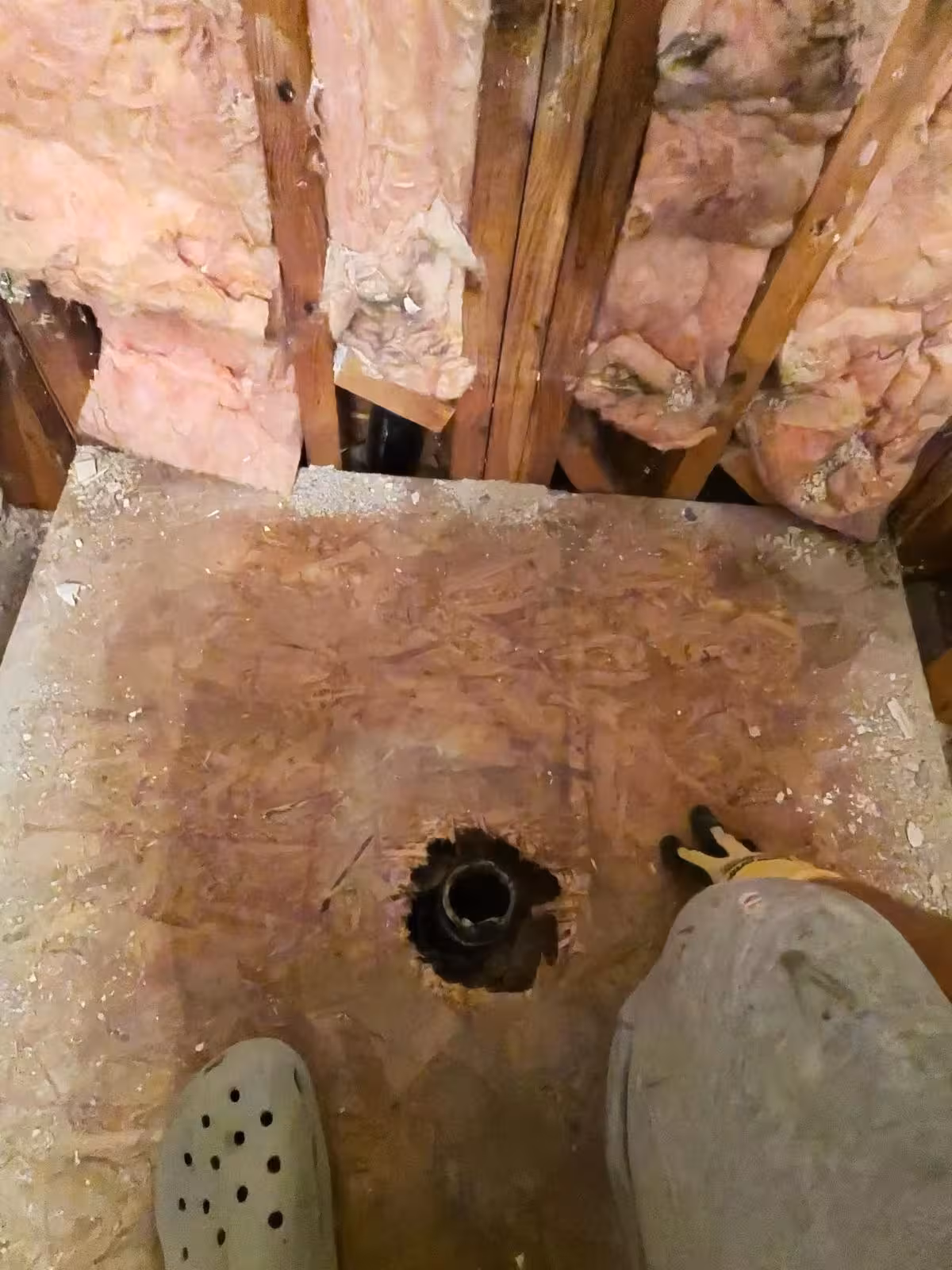 Demolition phase showing exposed framing and rotted subfloor from toilet leak