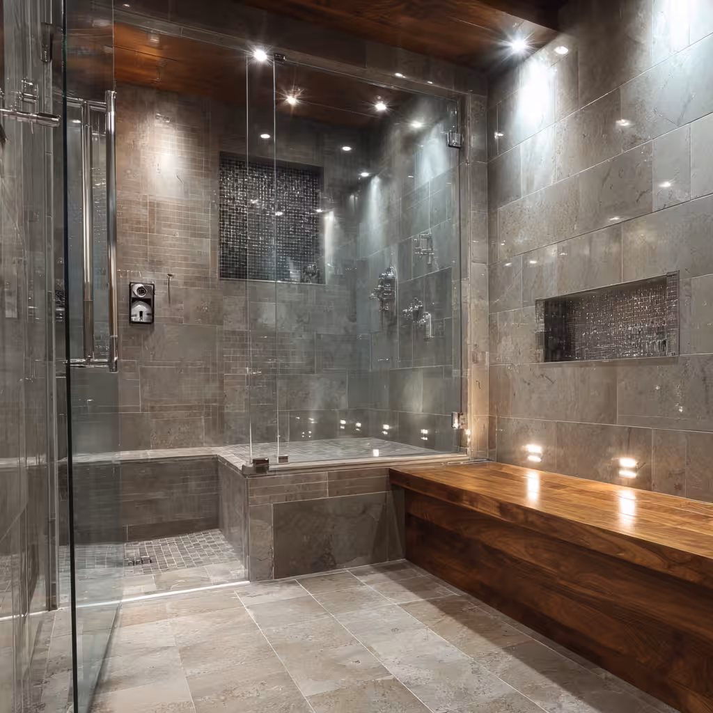 Spacious walk-in shower with modern tile in a Centennial home.