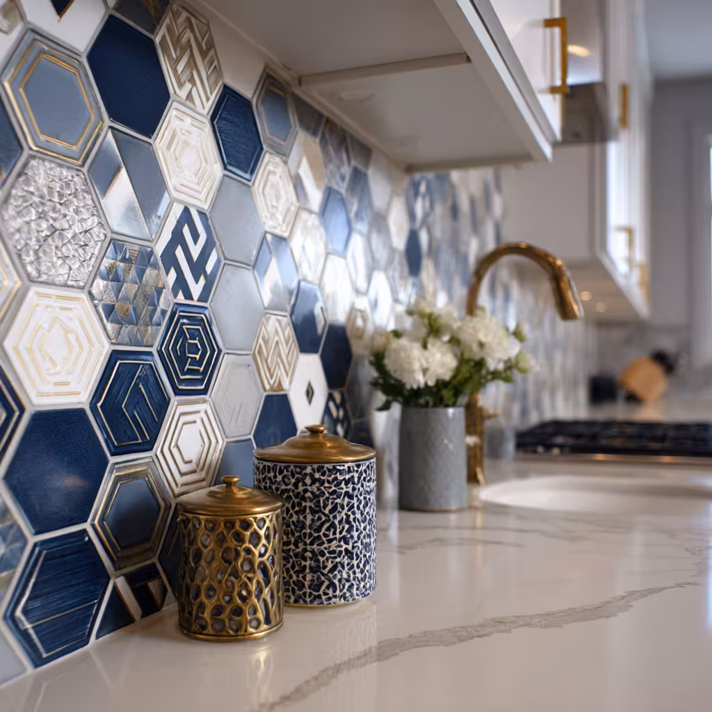 Hexagon mosaic tile floor in a Denver Highlands bathroom.