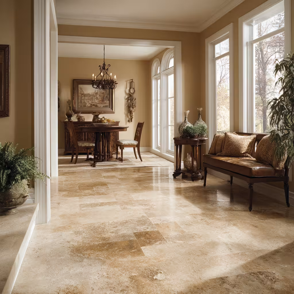 Natural stone travertine tile installation in Washington Park Denver showcasing warm earthy tones and elegant texture