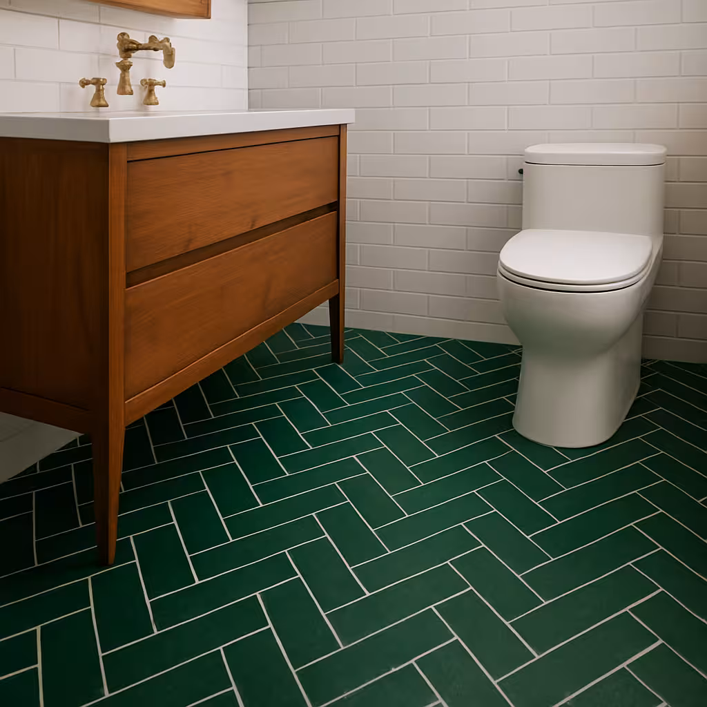 Modern green herringbone tile floor in a Parker, Colorado bathroom, a 2025 tile trend.