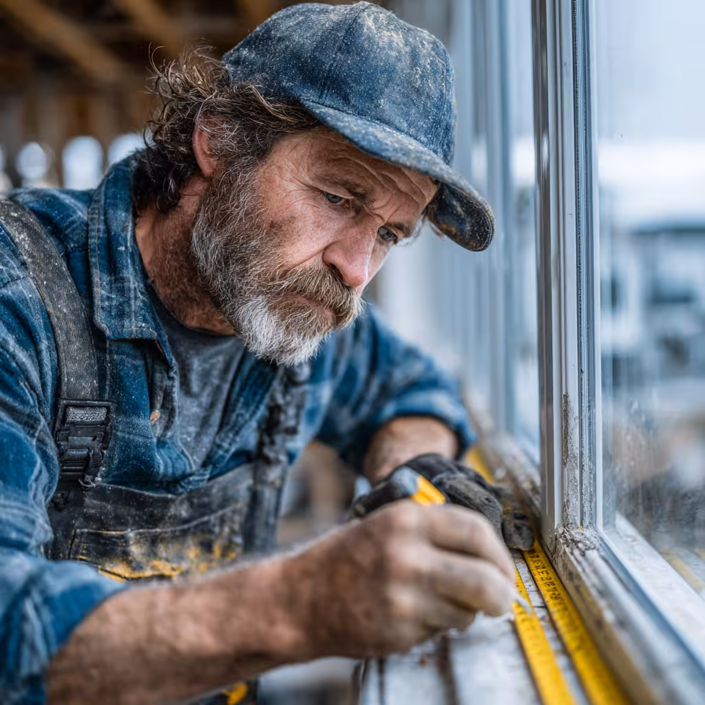 Professional technician installing custom aluminum windows in Aurora Colorado home with proper tools and safety equipment