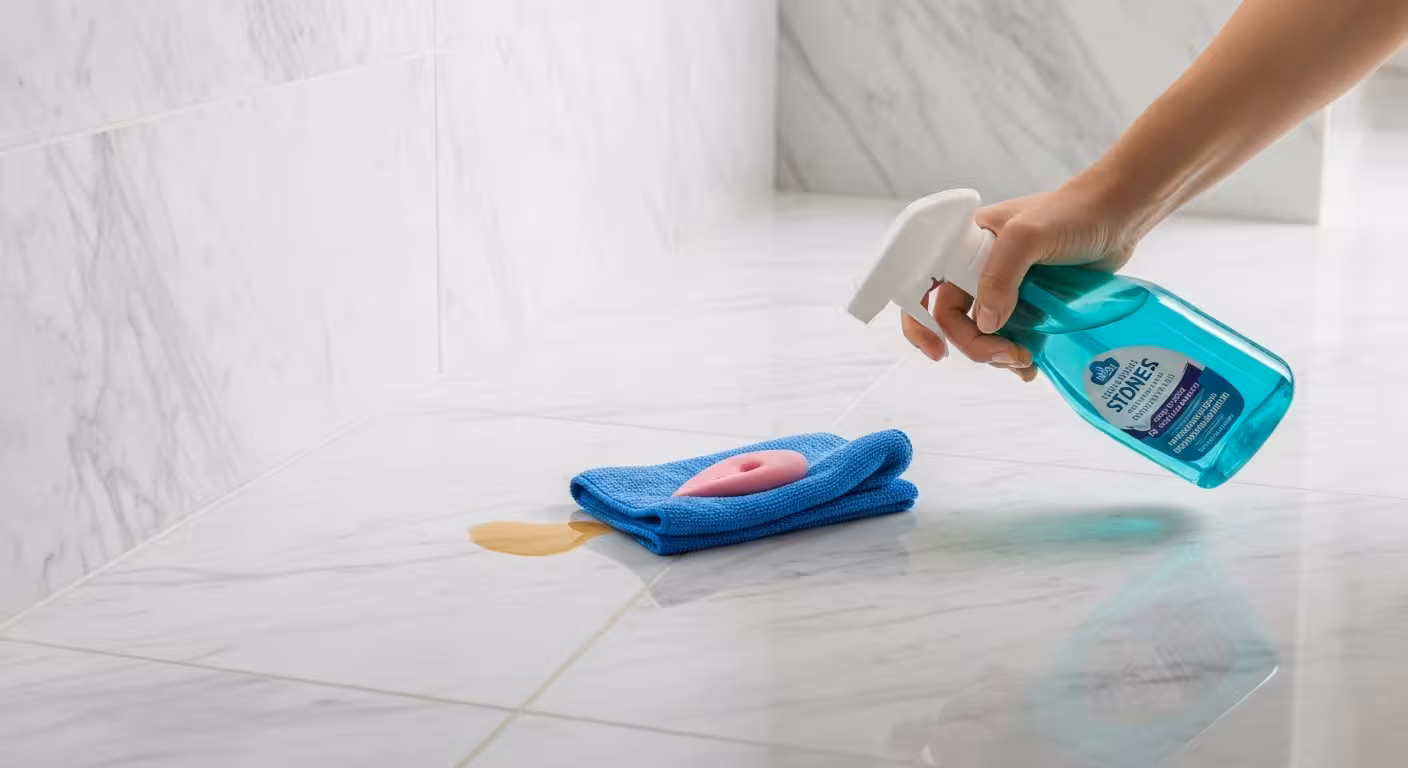 Cleaning marble tiles with specialized stone cleaner in Parker, CO.