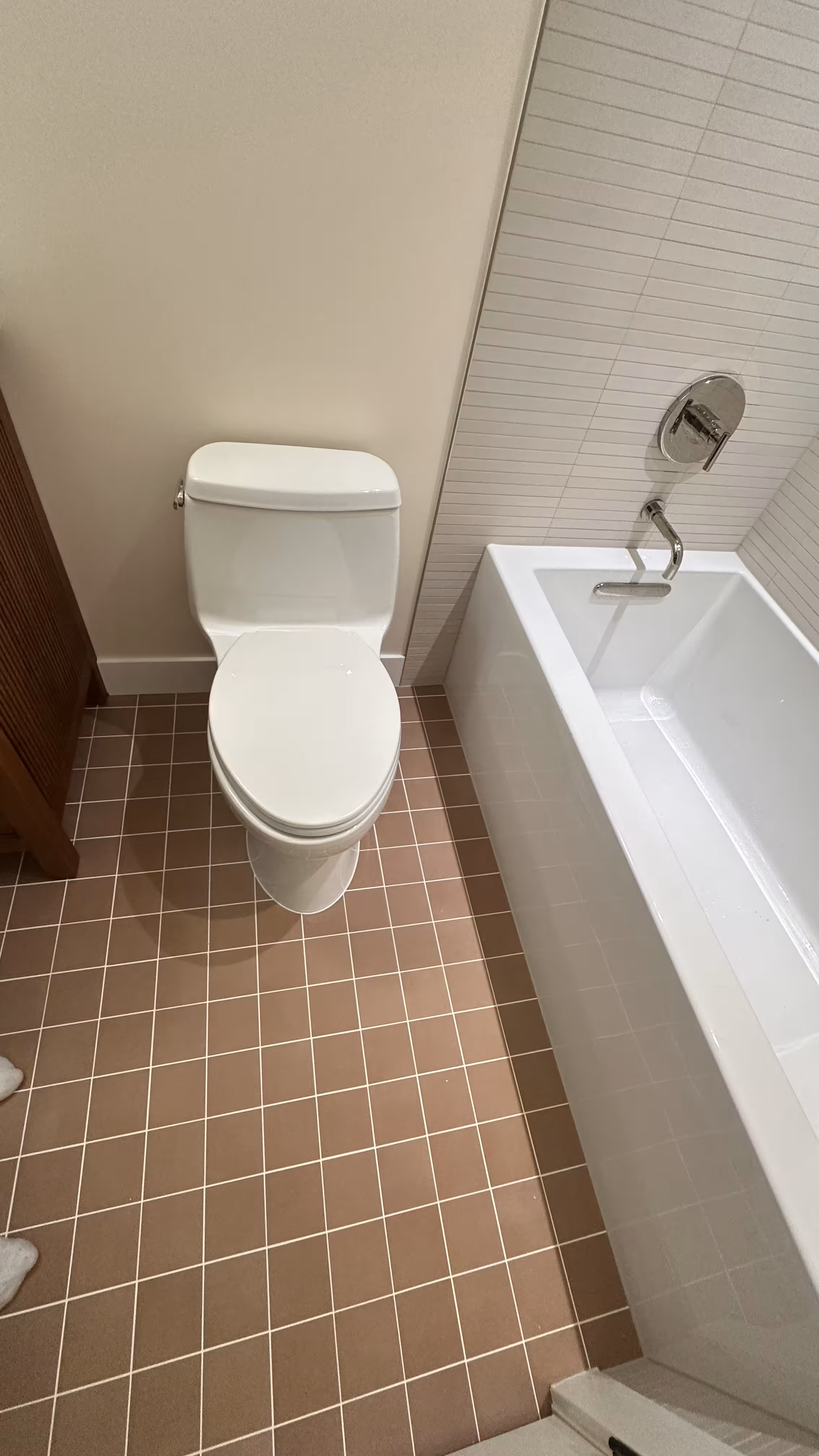 Terracotta-look floor tile finished around the toilet and alcove tub in an Arvada bathroom remodel