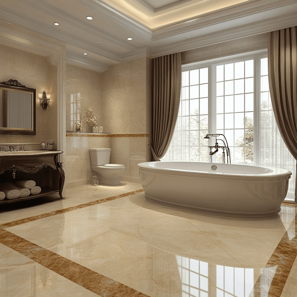 Luxury bathroom with marble tile flooring in Denver featuring freestanding bathtub and elegant vanity