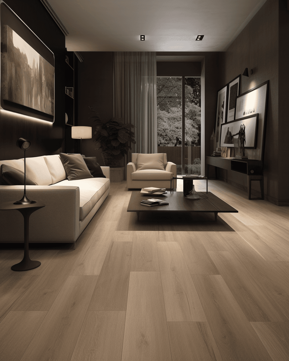 Contemporary living room with light wood-look porcelain tile flooring in Cherry Creek Denver