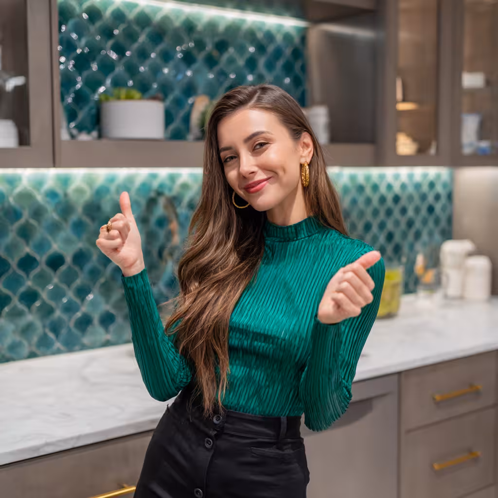 Kitchen with a beautiful green tile backsplash.
