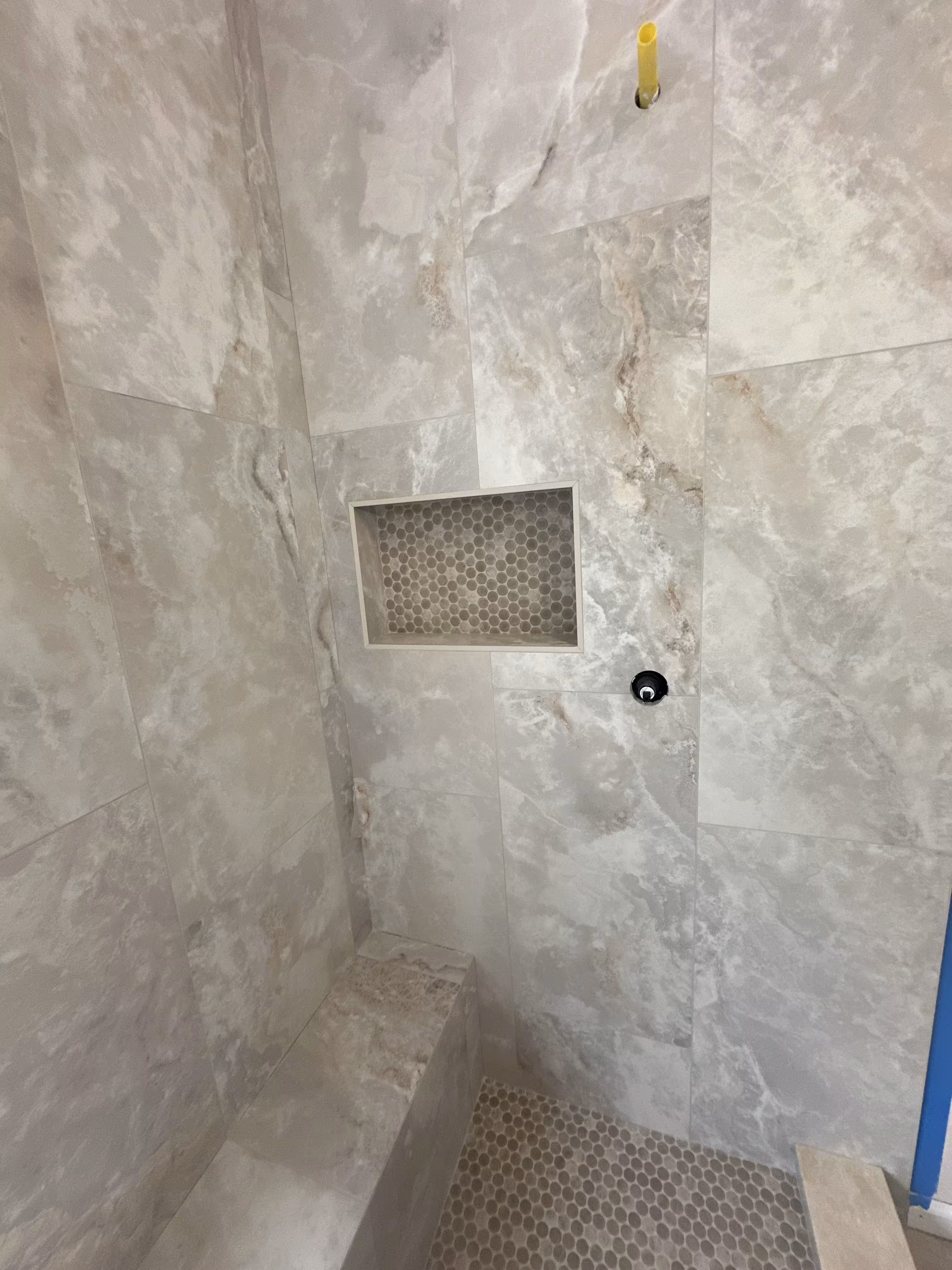 Finished shower wall with a penny-tile-lined niche set into large-format marble-look porcelain tile, Highlands Ranch master bathroom