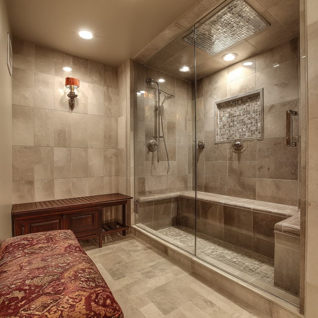 Custom steam shower with neutral porcelain tile in Denver home