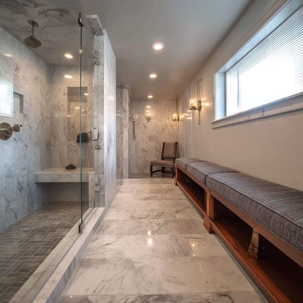 Modern walk-in shower installation with marble herringbone tile in Washington Park