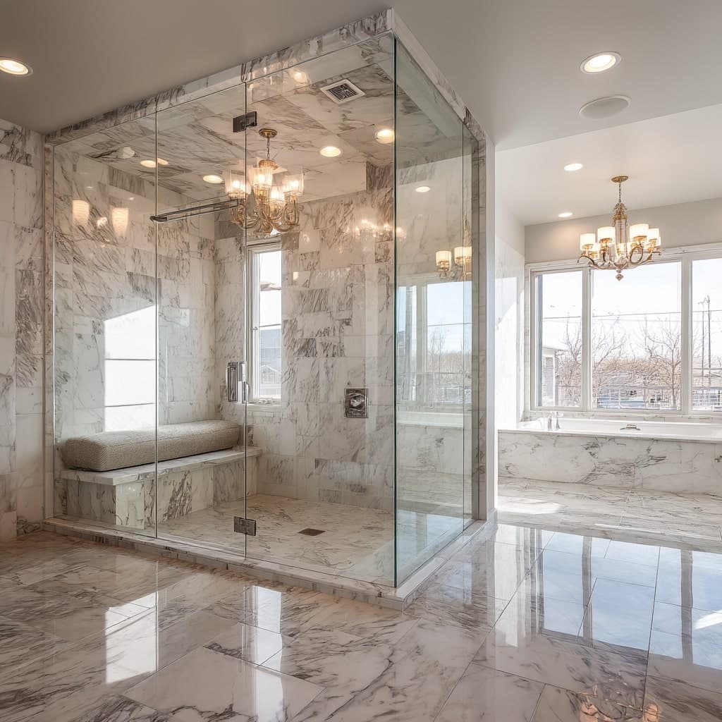 Luxury master shower renovation with white marble tile in Cherry Creek