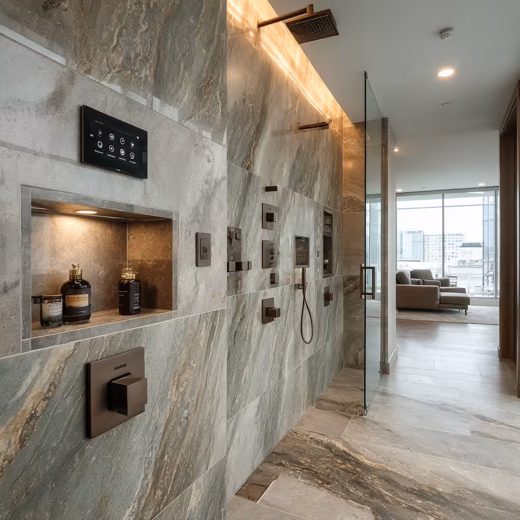 High-tech digital shower system control panel in a Castle Pines bathroom.