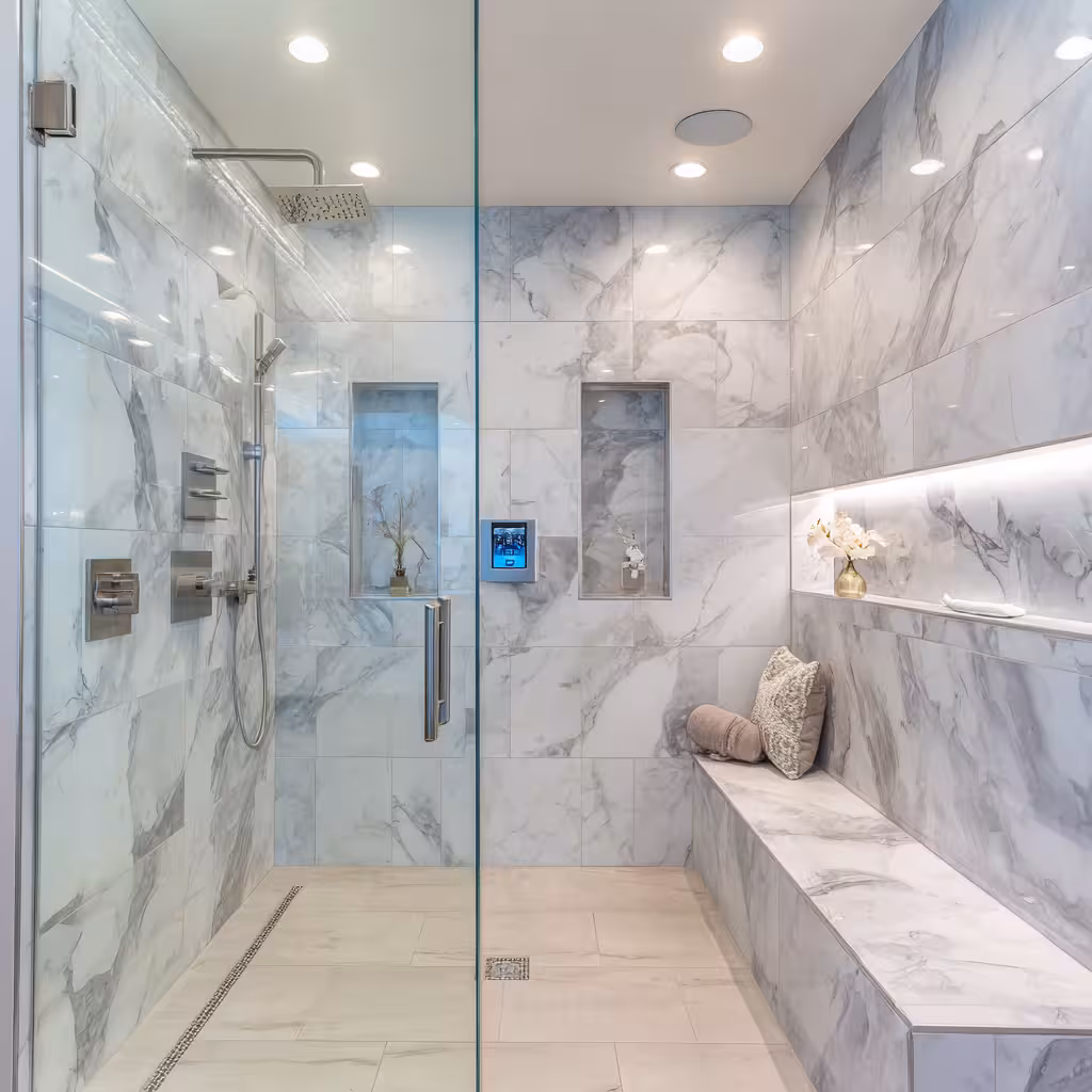 Spacious master bathroom shower with custom tile work in Centennial.