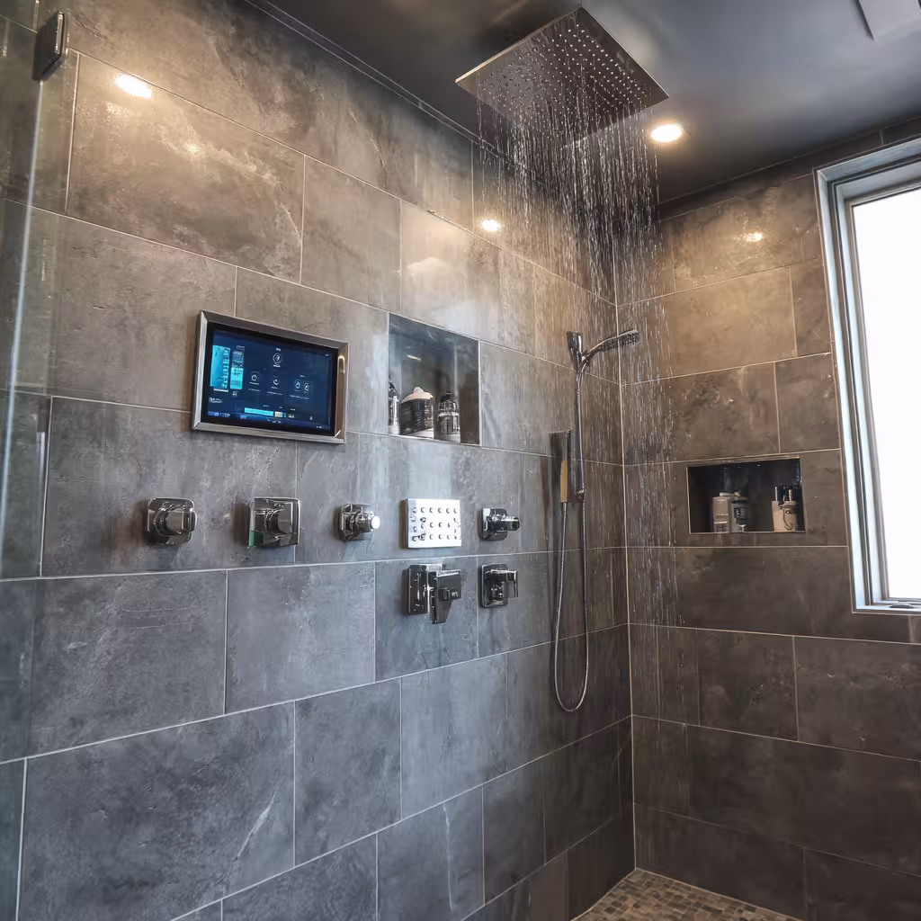 Modern curbless shower with minimalist design in Centennial.