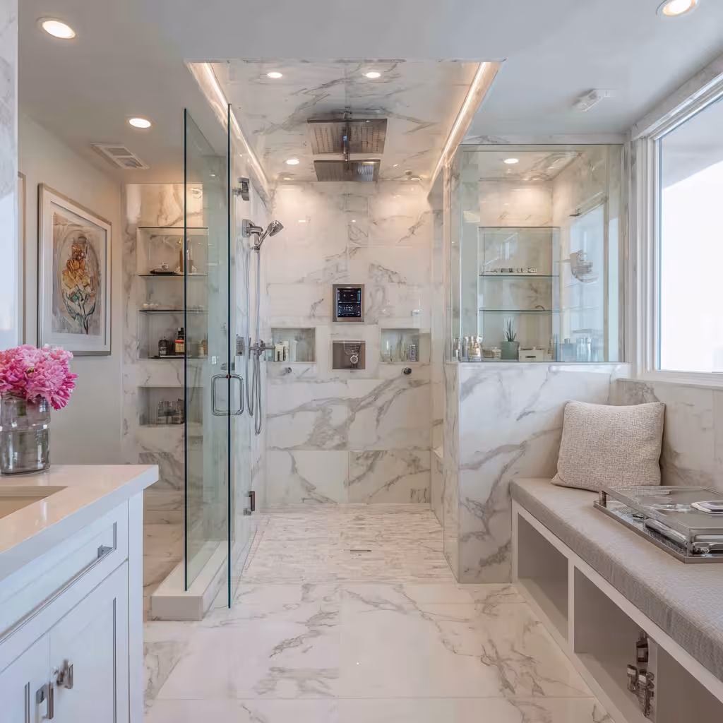 Luxurious master bathroom shower with custom tile in Highlands Ranch.
