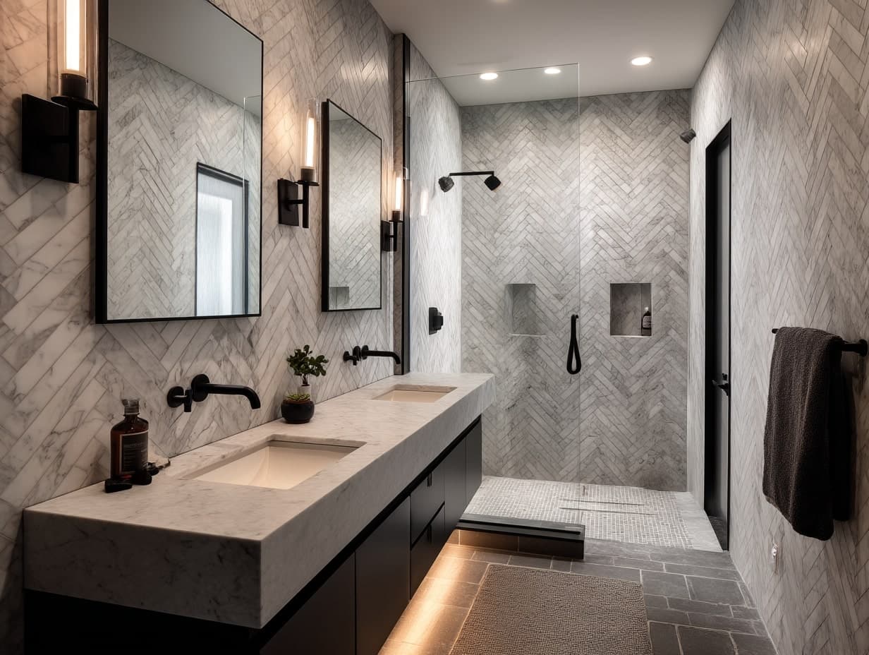 Professional Tile Installation in Denver featuring luxury bathroom with marble herringbone pattern