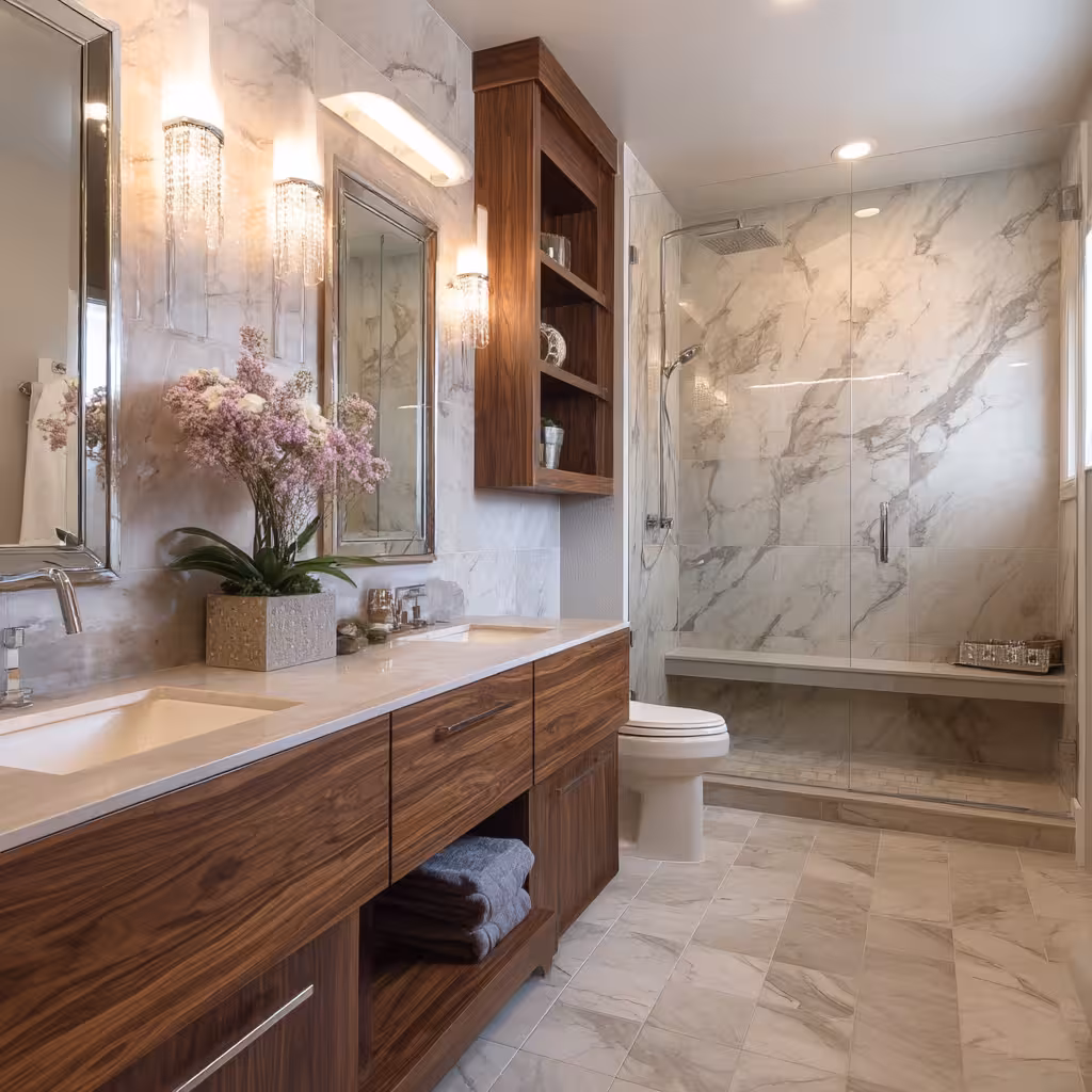 Luxurious bathroom renovation in Cherry Creek North with premium tile and high-end fixtures.