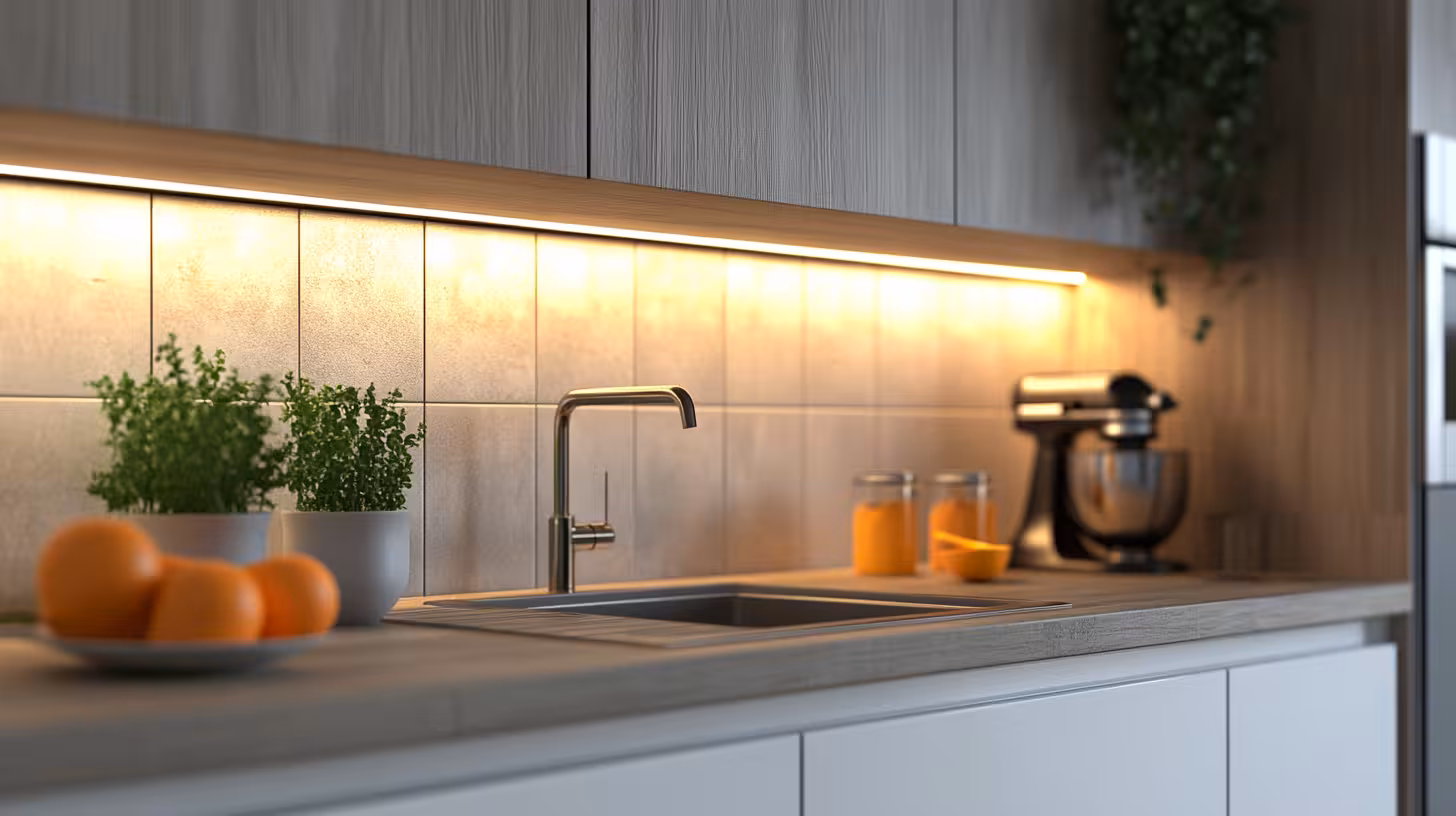 Modern kitchen backsplash in a Highlands Ranch residence.