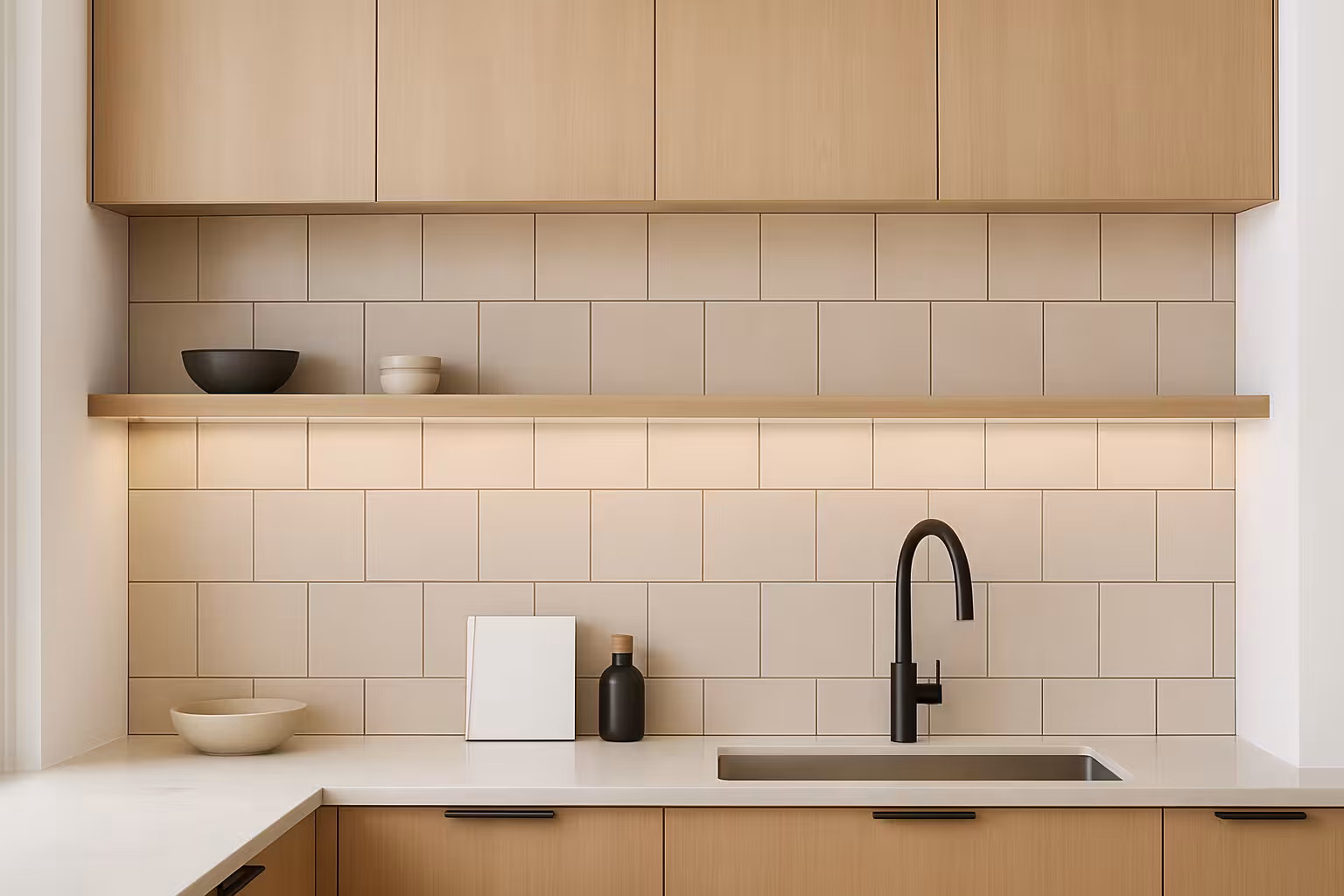Minimalist beige grid tile backsplash in a Parker, CO kitchen, showcasing a modern tile trend.
