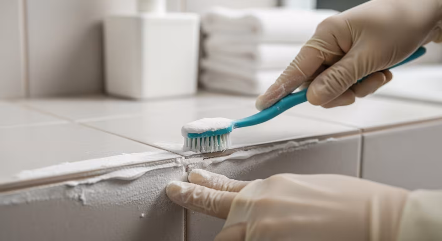 Cleaning grout lines with baking soda paste and a brush in Parker, CO.