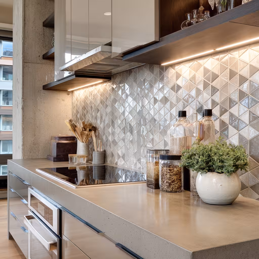 Kitchen backsplash with a striking geometric tile pattern.