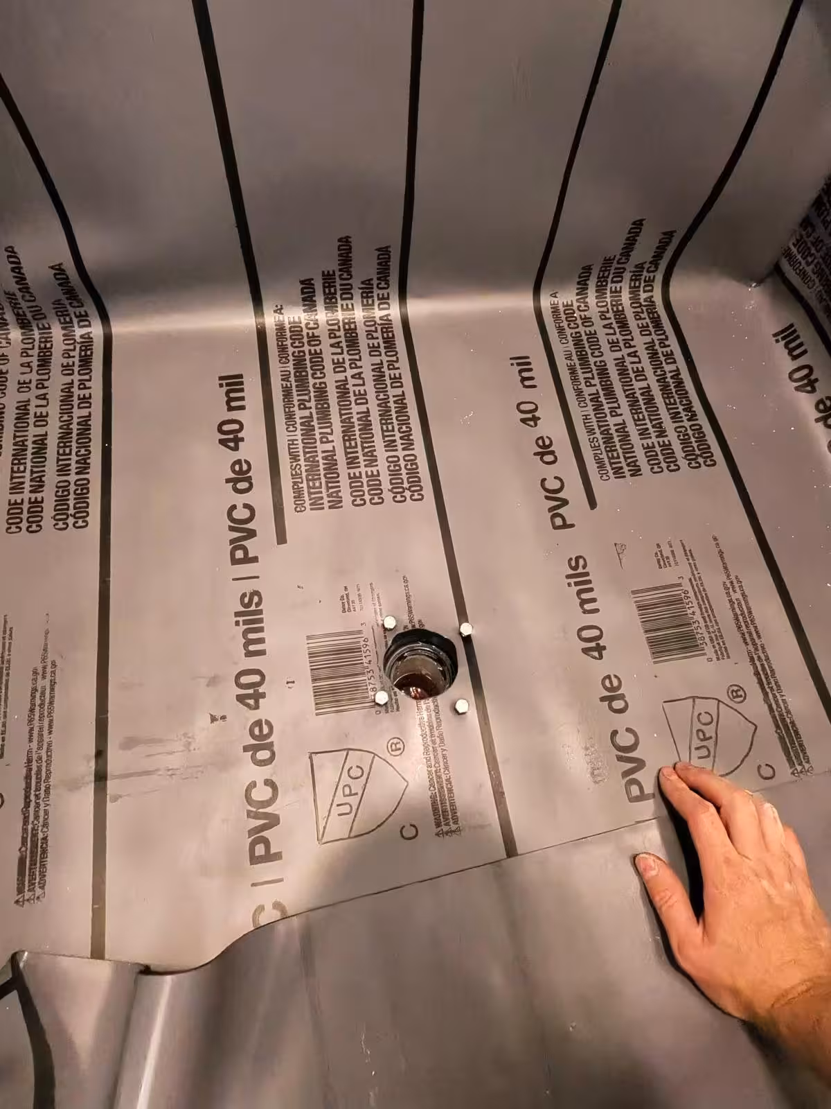 PVC shower liner with two-part drain assembly installed Denver