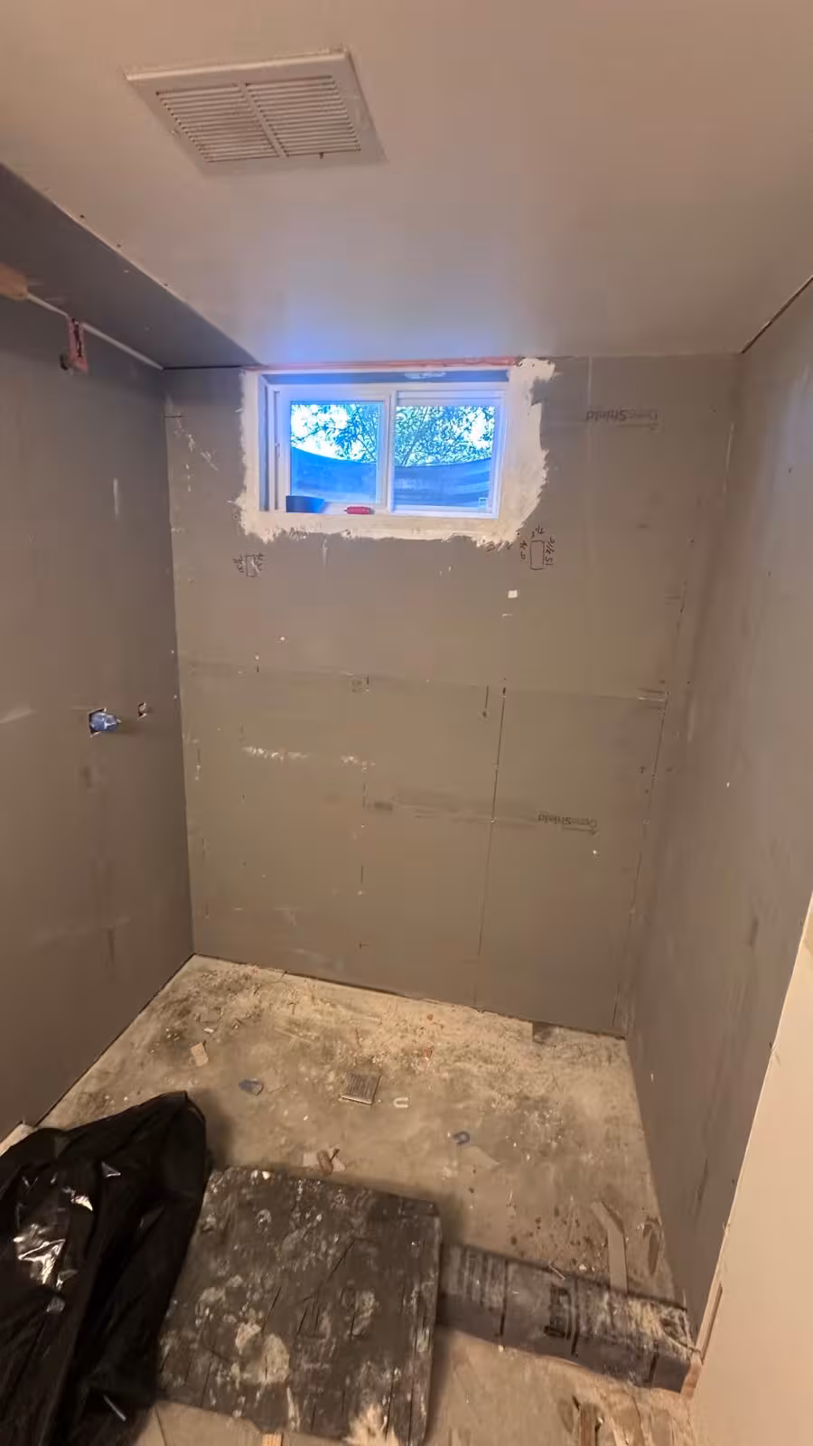 Shower remodel cement board installation process Littleton basement bathroom