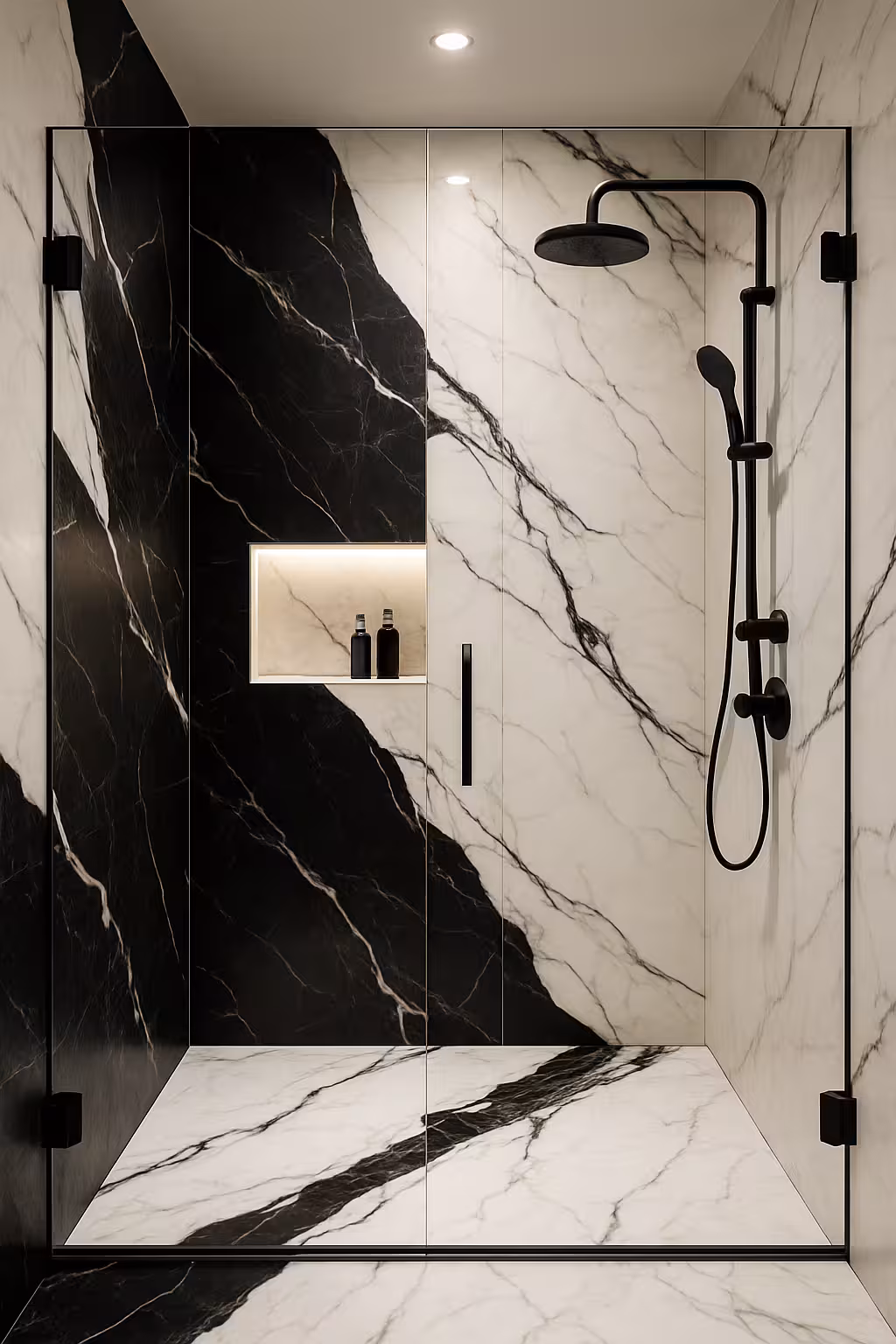 Luxurious custom marble walk-in shower remodel completed by South Denver Tile Experts in a Denver home